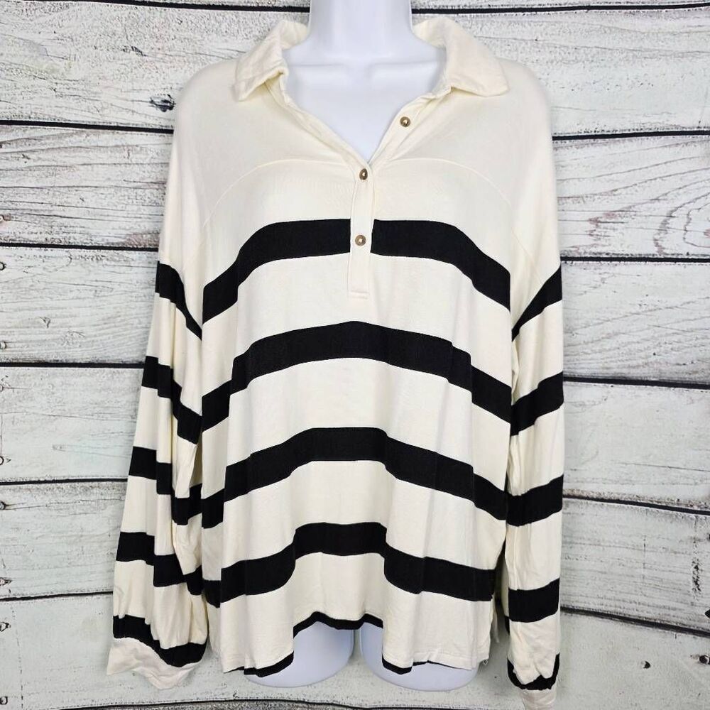 Maurices Ivory Black Striped Collared Button Top L